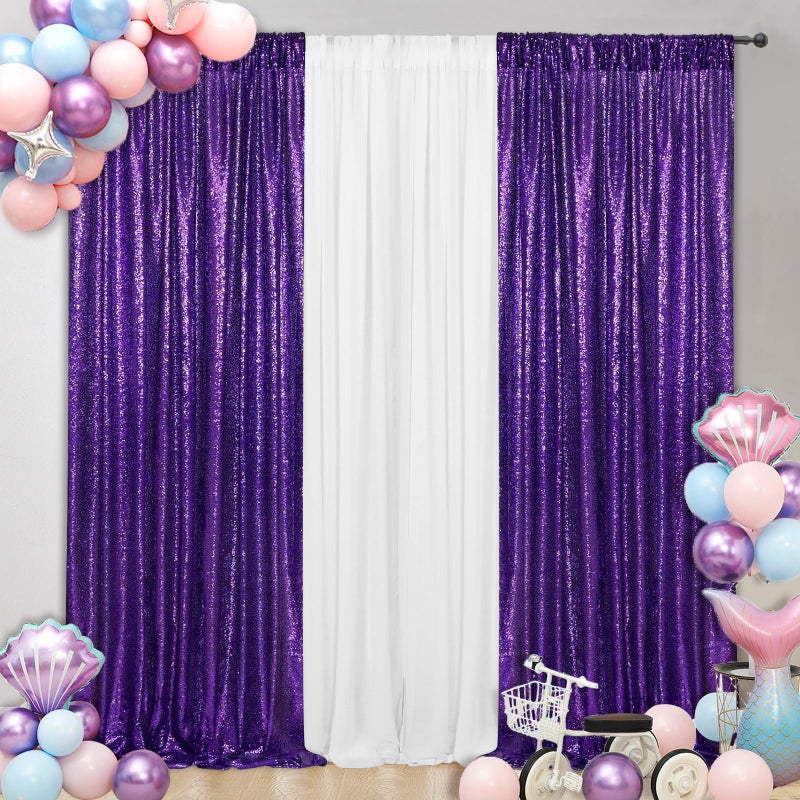 SquarePie Sequin Backdrop Curtain 2FT x 8FT Purple 2pcs Background for Wedding Halloween Party Christmas - Image 1
